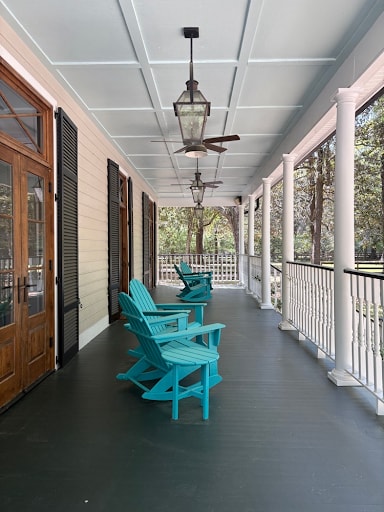 Rocking chairs on a Southern wraparound porch